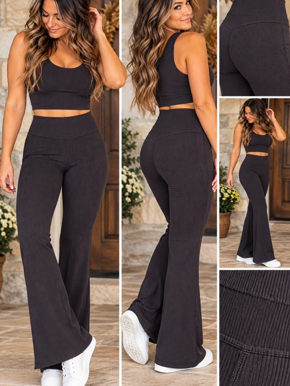 Athleta Elation Rib Flare Pants Black High Rise Ribbed Yoga Women M 163 - Picture 2 of 9